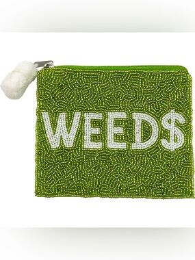 Nu Shuz Key West Hand-Beaded ' WEED ' Green Clutch Coin Pouch